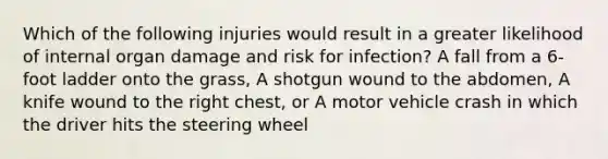 Which of the following injuries would result in a greater likelihood of internal organ damage and risk for infection? A fall from a 6-foot ladder onto the grass, A shotgun wound to the abdomen, A knife wound to the right chest, or A motor vehicle crash in which the driver hits the steering wheel