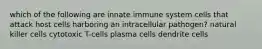 which of the following are innate immune system cells that attack host cells harboring an intracellular pathogen? natural killer cells cytotoxic T-cells plasma cells dendrite cells