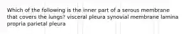 Which of the following is the inner part of a serous membrane that covers the lungs? visceral pleura synovial membrane lamina propria parietal pleura