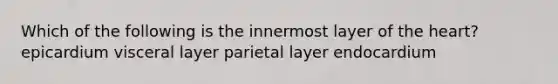 Which of the following is the innermost layer of the heart? epicardium visceral layer parietal layer endocardium