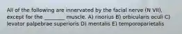 All of the following are innervated by the facial nerve (N VII), except for the ________ muscle. A) risorius B) orbicularis oculi C) levator palpebrae superioris D) mentalis E) temporoparietalis