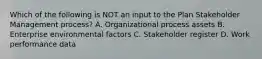 Which of the following is NOT an input to the Plan Stakeholder Management process? A. Organizational process assets B. Enterprise environmental factors C. Stakeholder register D. Work performance data