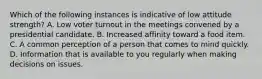 Which of the following instances is indicative of low attitude strength? A. Low voter turnout in the meetings convened by a presidential candidate. B. Increased affinity toward a food item. C. A common perception of a person that comes to mind quickly. D. Information that is available to you regularly when making decisions on issues.