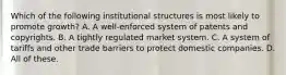 Which of the following institutional structures is most likely to promote growth? A. A well-enforced system of patents and copyrights. B. A tightly regulated market system. C. A system of tariffs and other trade barriers to protect domestic companies. D. All of these.