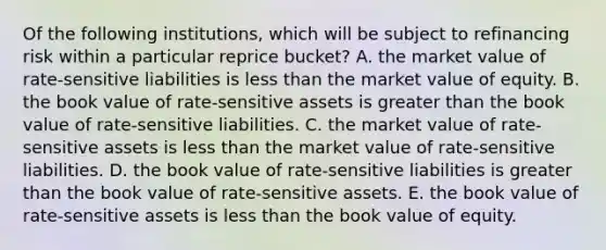 Of the following institutions, which will be subject to refinancing risk within a particular reprice bucket? A. the market value of rate-sensitive liabilities is less than the market value of equity. B. the book value of rate-sensitive assets is greater than the book value of rate-sensitive liabilities. C. the market value of rate-sensitive assets is less than the market value of rate-sensitive liabilities. D. the book value of rate-sensitive liabilities is greater than the book value of rate-sensitive assets. E. the book value of rate-sensitive assets is less than the book value of equity.