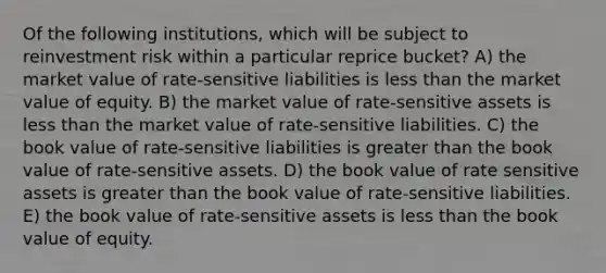 Of the following institutions, which will be subject to reinvestment risk within a particular reprice bucket? A) the market value of rate-sensitive liabilities is less than the market value of equity. B) the market value of rate-sensitive assets is less than the market value of rate-sensitive liabilities. C) the book value of rate-sensitive liabilities is greater than the book value of rate-sensitive assets. D) the book value of rate sensitive assets is greater than the book value of rate-sensitive liabilities. E) the book value of rate-sensitive assets is less than the book value of equity.