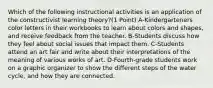 Which of the following instructional activities is an application of the constructivist learning theory?(1 Point) A-Kindergarteners color letters in their workbooks to learn about colors and shapes, and receive feedback from the teacher. B-Students discuss how they feel about social issues that impact them. C-Students attend an art fair and write about their interpretations of the meaning of various works of art. D-Fourth-grade students work on a graphic organizer to show the different steps of the water cycle, and how they are connected.