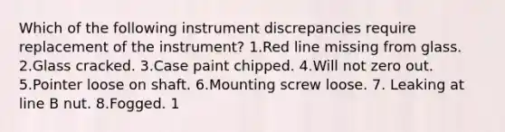 Which of the following instrument discrepancies require replacement of the instrument? 1.Red line missing from glass. 2.Glass cracked. 3.Case paint chipped. 4.Will not zero out. 5.Pointer loose on shaft. 6.Mounting screw loose. 7. Leaking at line B nut. 8.Fogged. 1