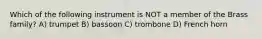 Which of the following instrument is NOT a member of the Brass family? A) trumpet B) bassoon C) trombone D) French horn