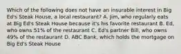 Which of the following does not have an insurable interest in Big Ed's Steak House, a local restaurant? A. Jim, who regularly eats at Big Ed's Steak House because it's his favorite restaurant B. Ed, who owns 51% of the restaurant C. Ed's partner Bill, who owns 49% of the restaurant D. ABC Bank, which holds the mortgage on Big Ed's Steak House