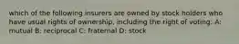 which of the following insurers are owned by stock holders who have usual rights of ownership, including the right of voting: A: mutual B: reciprocal C: fraternal D: stock