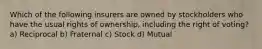 Which of the following insurers are owned by stockholders who have the usual rights of ownership, including the right of voting? a) Reciprocal b) Fraternal c) Stock d) Mutual