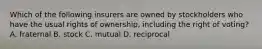 Which of the following insurers are owned by stockholders who have the usual rights of ownership, including the right of voting? A. fraternal B. stock C. mutual D. reciprocal