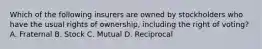 Which of the following insurers are owned by stockholders who have the usual rights of ownership, including the right of voting? A. Fraternal B. Stock C. Mutual D. Reciprocal