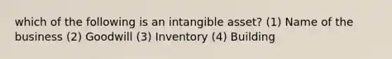 which of the following is an intangible asset? (1) Name of the business (2) Goodwill (3) Inventory (4) Building