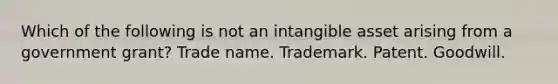 Which of the following is not an intangible asset arising from a government grant? Trade name. Trademark. Patent. Goodwill.