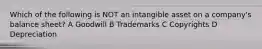 Which of the following is NOT an intangible asset on a company's balance sheet? A Goodwill B Trademarks C Copyrights D Depreciation