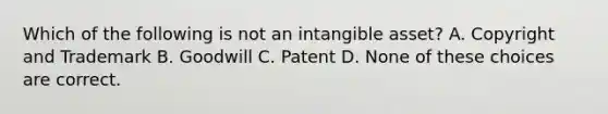 Which of the following is not an intangible asset? A. Copyright and Trademark B. Goodwill C. Patent D. None of these choices are correct.