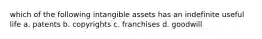 which of the following intangible assets has an indefinite useful life a. patents b. copyrights c. franchises d. goodwill