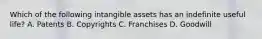 Which of the following intangible assets has an indefinite useful life? A. Patents B. Copyrights C. Franchises D. Goodwill