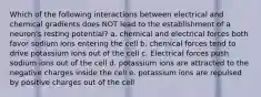 Which of the following interactions between electrical and chemical gradients does NOT lead to the establishment of a neuron's resting potential? a. chemical and electrical forces both favor sodium ions entering the cell b. chemical forces tend to drive potassium ions out of the cell c. Electrical forces push sodium ions out of the cell d. potassium ions are attracted to the negative charges inside the cell e. potassium ions are repulsed by positive charges out of the cell