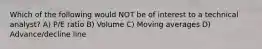 Which of the following would NOT be of interest to a technical analyst? A) P/E ratio B) Volume C) Moving averages D) Advance/decline line