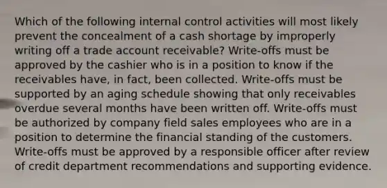 Which of the following <a href='https://www.questionai.com/knowledge/kjj42owoAP-internal-control' class='anchor-knowledge'>internal control</a> activities will most likely prevent the concealment of a cash shortage by improperly writing off a trade account receivable? Write-offs must be approved by the cashier who is in a position to know if the receivables have, in fact, been collected. Write-offs must be supported by an aging schedule showing that only receivables overdue several months have been written off. Write-offs must be authorized by company field sales employees who are in a position to determine the financial standing of the customers. Write-offs must be approved by a responsible officer after review of credit department recommendations and supporting evidence.