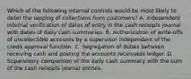 Which of the following internal controls would be most likely to deter the lapping of collections from customers? A. Independent internal verification of dates of entry in the cash receipts journal with dates of daily cash summaries. B. Authorization of write-offs of uncollectible accounts by a supervisor independent of the credit approval function. C. Segregation of duties between receiving cash and posting the accounts receivable ledger. D. Supervisory comparison of the daily cash summary with the sum of the cash receipts journal entries.