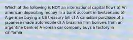 Which of the following is NOT an international capital flow? a) An american depositing money in a bank account in Switzerland b) A german buying a US treasury bill c) A canadian purchase of a japanese-made automobile d) A brazilian firm borrows from an argentine bank e) A korean car company buys a factory in california