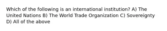 Which of the following is an international institution? A) The United Nations B) The World Trade Organization C) Sovereignty D) All of the above