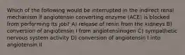 Which of the following would be interrupted in the indirect renal mechanism if angiotensin converting enzyme (ACE) is blocked from performing its job? A) release of renin from the kidneys B) conversion of angiotensin I from angiotensinogen C) sympathetic nervous system activity D) conversion of angiotensin I into angiotensin II