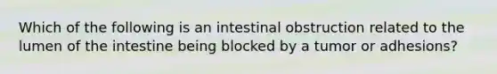 Which of the following is an intestinal obstruction related to the lumen of the intestine being blocked by a tumor or adhesions?