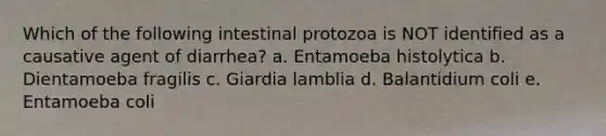 Which of the following intestinal protozoa is NOT identified as a causative agent of diarrhea? a. Entamoeba histolytica b. Dientamoeba fragilis c. Giardia lamblia d. Balantidium coli e. Entamoeba coli