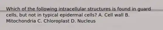 Which of the following intracellular structures is found in guard cells, but not in typical epidermal cells? A. Cell wall B. Mitochondria C. Chloroplast D. Nucleus