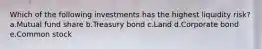 Which of the following investments has the highest liquidity risk? a.Mutual fund share b.Treasury bond c.Land d.Corporate bond e.Common stock