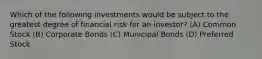 Which of the following investments would be subject to the greatest degree of financial risk for an investor? (A) Common Stock (B) Corporate Bonds (C) Municipal Bonds (D) Preferred Stock
