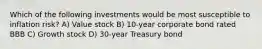 Which of the following investments would be most susceptible to inflation risk? A) Value stock B) 10-year corporate bond rated BBB C) Growth stock D) 30-year Treasury bond