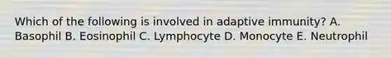 Which of the following is involved in adaptive immunity? A. Basophil B. Eosinophil C. Lymphocyte D. Monocyte E. Neutrophil