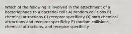 Which of the following is involved in the attachment of a bacteriophage to a bacterial cell? A) random collisions B) chemical attractions C) receptor specificity D) both chemical attractions and receptor specificity E) random collisions, chemical attractions, and receptor specificity