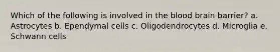 Which of the following is involved in the blood brain barrier? a. Astrocytes b. Ependymal cells c. Oligodendrocytes d. Microglia e. Schwann cells