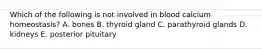 Which of the following is not involved in blood calcium homeostasis? A. bones B. thyroid gland C. parathyroid glands D. kidneys E. posterior pituitary