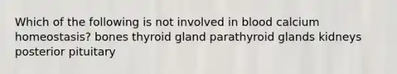 Which of the following is not involved in blood calcium homeostasis? bones thyroid gland parathyroid glands kidneys posterior pituitary