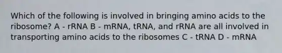 Which of the following is involved in bringing amino acids to the ribosome? A - rRNA B - mRNA, tRNA, and rRNA are all involved in transporting amino acids to the ribosomes C - tRNA D - mRNA