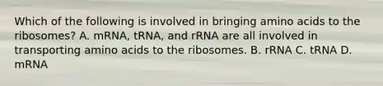 Which of the following is involved in bringing amino acids to the ribosomes? A. mRNA, tRNA, and rRNA are all involved in transporting amino acids to the ribosomes. B. rRNA C. tRNA D. mRNA