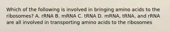 Which of the following is involved in bringing amino acids to the ribosomes? A. rRNA B. mRNA C. tRNA D. mRNA, tRNA, and rRNA are all involved in transporting amino acids to the ribosomes