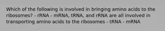 Which of the following is involved in bringing amino acids to the ribosomes? - rRNA - mRNA, tRNA, and rRNA are all involved in transporting amino acids to the ribosomes - tRNA - mRNA