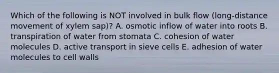 Which of the following is NOT involved in bulk flow (long-distance movement of xylem sap)? A. osmotic inflow of water into roots B. transpiration of water from stomata C. cohesion of water molecules D. active transport in sieve cells E. adhesion of water molecules to cell walls