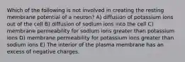 Which of the following is not involved in creating the resting membrane potential of a neuron? A) diffusion of potassium ions out of the cell B) diffusion of sodium ions into the cell C) membrane permeability for sodium ions greater than potassium ions D) membrane permeability for potassium ions greater than sodium ions E) The interior of the plasma membrane has an excess of negative charges.