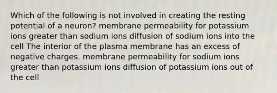 Which of the following is not involved in creating the resting potential of a neuron? membrane permeability for potassium ions <a href='https://www.questionai.com/knowledge/ktgHnBD4o3-greater-than' class='anchor-knowledge'>greater than</a> sodium ions diffusion of sodium ions into the cell The interior of the plasma membrane has an excess of negative charges. membrane permeability for sodium ions greater than potassium ions diffusion of potassium ions out of the cell