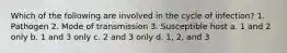 Which of the following are involved in the cycle of infection? 1. Pathogen 2. Mode of transmission 3. Susceptible host a. 1 and 2 only b. 1 and 3 only c. 2 and 3 only d. 1, 2, and 3